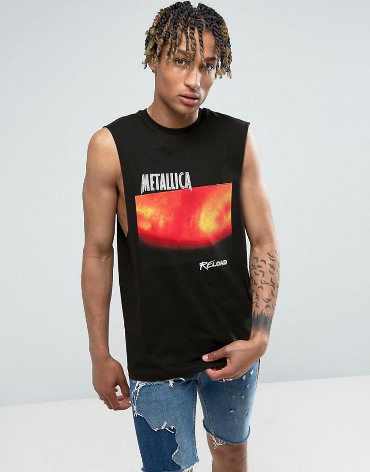 Asos Metallica Sleeveless Band T-shirt With Reload Print And Dropped Armhole - Black