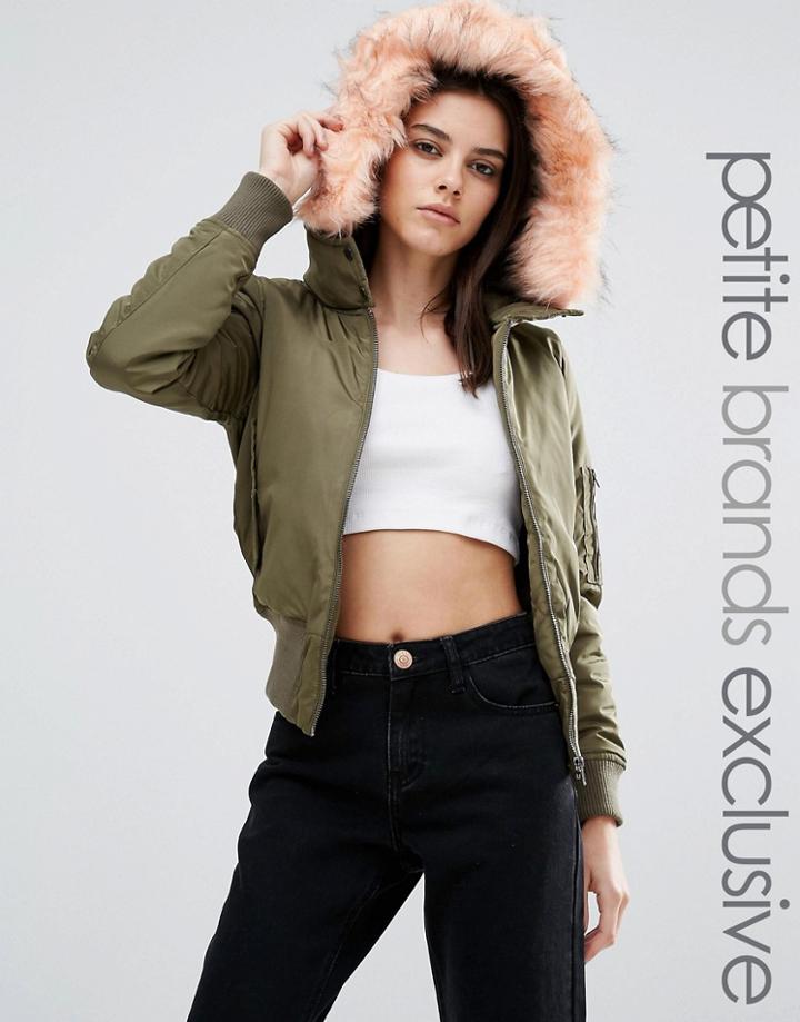 Noisy May Petite Contrast Fur Bomber - Green