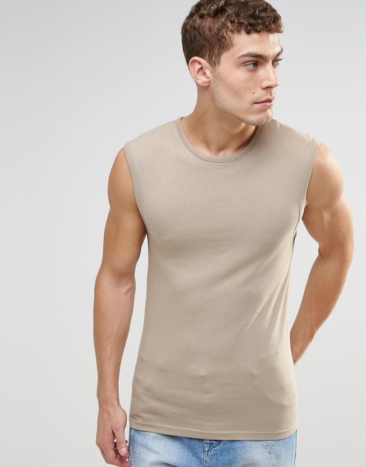 Asos Extreme Muscle Sleeveless T-shirt In Beige - Biege
