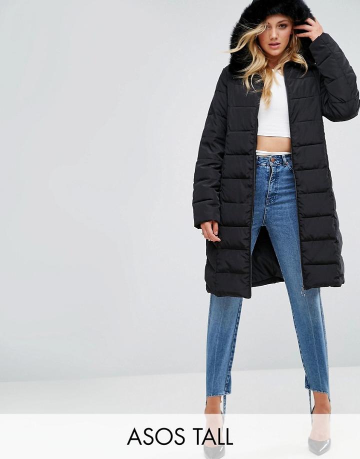 Asos Tall Longline Puffer Coat With Faux Fur Trim Hood - Black
