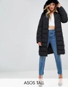 Asos Tall Longline Puffer Coat With Faux Fur Trim Hood - Black