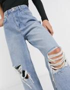 Asos Design High Rise 'relaxed' Dad Jeans In Authentic Midwash With Rips-blues