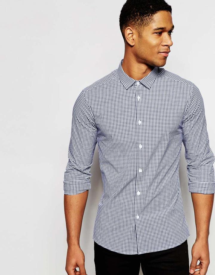 Asos Skinny Shirt In Mini Navy Gingham Check With Long Sleeves - Navy