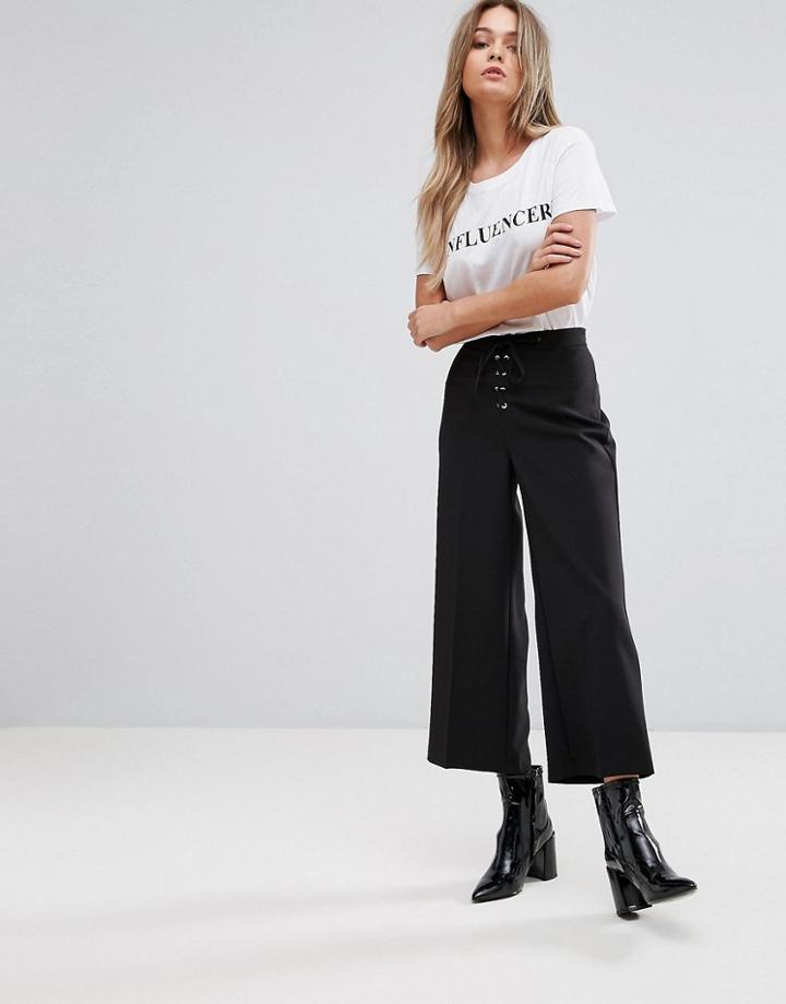 New Look Lace Up Crop Pants - Black