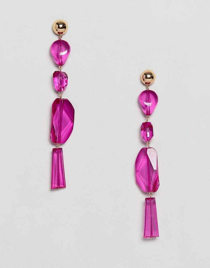 Asos Design Resin Bead Drop Earrings In Fuschia Pink And Gold - Gold