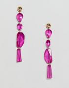 Asos Design Resin Bead Drop Earrings In Fuschia Pink And Gold - Gold