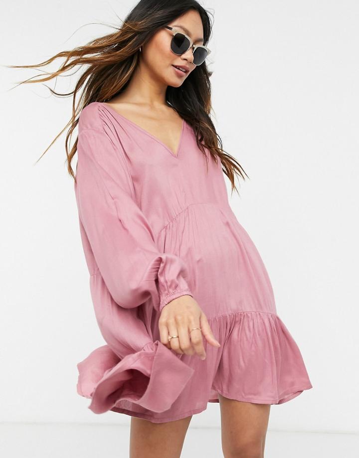 Esmee Exclusive Mini Tried Smock Dress With Long Sleeve In Dusky Pink
