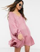 Esmee Exclusive Mini Tried Smock Dress With Long Sleeve In Dusky Pink