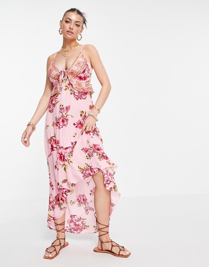 River Island Plunge Floral Midi Beach Dress In Pink