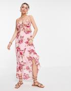River Island Plunge Floral Midi Beach Dress In Pink