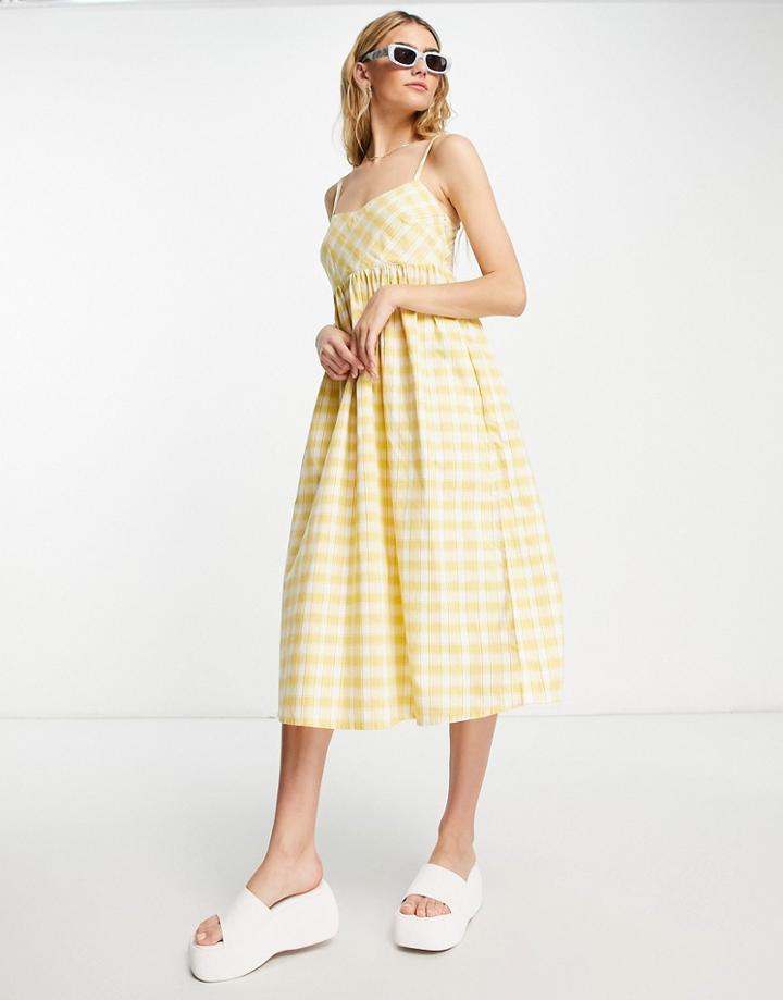 People Tree Organic Cotton Handwoven Midi Picnic Dress In Yellow Check