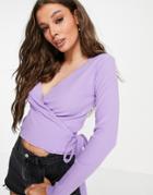 Asos Design Long Sleeve Wrap Top In Rib With Tie In Lilac-purple