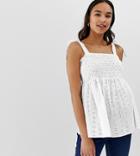 Asos Design Maternity Cami Broderie Sun Top With Shirring And Tie Shoulder Detail-white