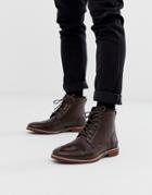Asos Design Lace Up Boots In Brown Leather With Contrast Sole - Brown