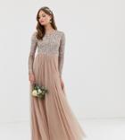 Maya Bridesmaid Long Sleeved Maxi Dress With Delicate Sequin And Tulle Skirt - Brown