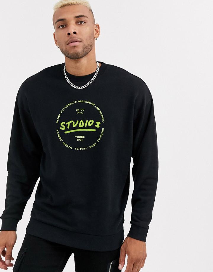 Asos Design Oversized Sweatshirt In Black With Graffiti Logo - Black
