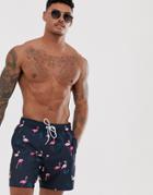 Hollister Icon Logo Rigid Guard Flamingo Print Swim Shorts In Navy - Navy