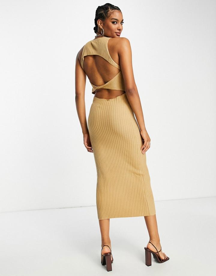 Pretty Lavish Twisted Open Back Knit Midi Dress In Camel-neutral