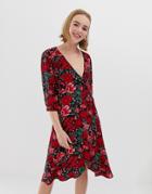 Monki Floral Print Wrap Dress With Buttons In Red - Multi