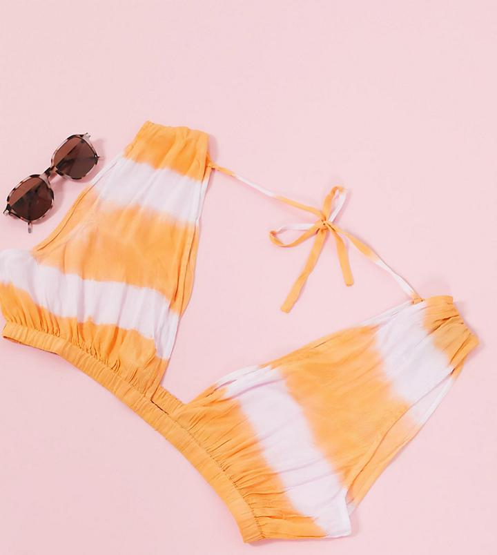 Asos Design Curve Crinkle Deep Band Beach Crop Top Two-piece In Pastel Tie Dye-multi