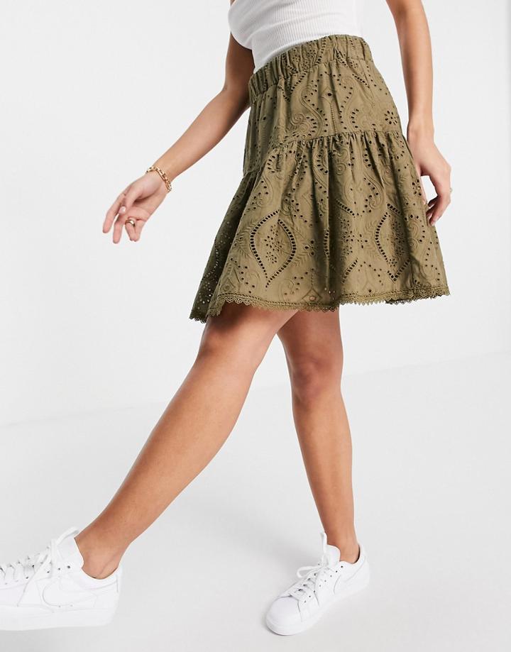 Y.a.s Broderie Mini Skirt In Khaki-green
