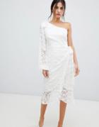Keepsake Retrospect One Sleeve Lace Midi Dress-white