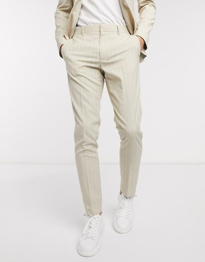 Asos Design Skinny Suit Pants In Stone Pinstripe-neutral