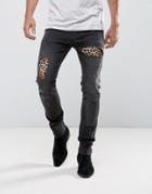 Asos Skinny Jeans In Washed Black With Punk Patches And Rips - Black