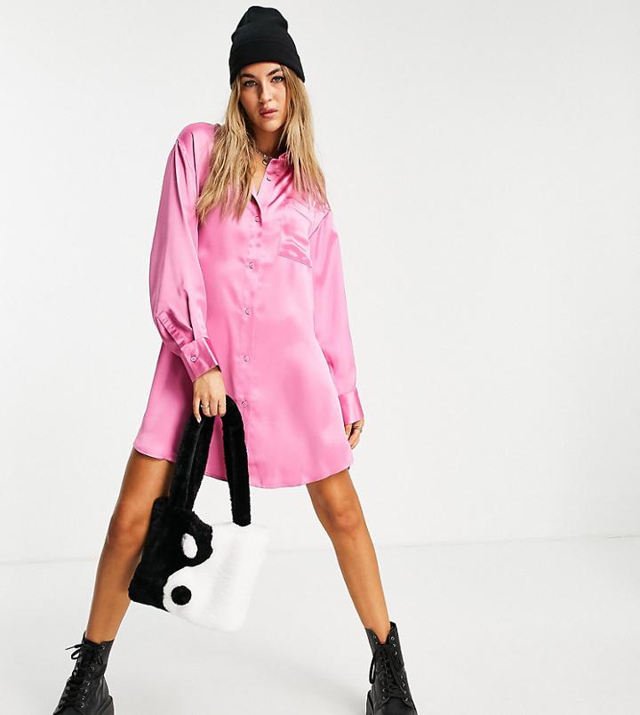 Collusion Mini Satin Shirt Dress In Bright Pink