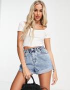 Stradivarius Square Neck Seamless Short Sleeve Crop Top In Ecru-white
