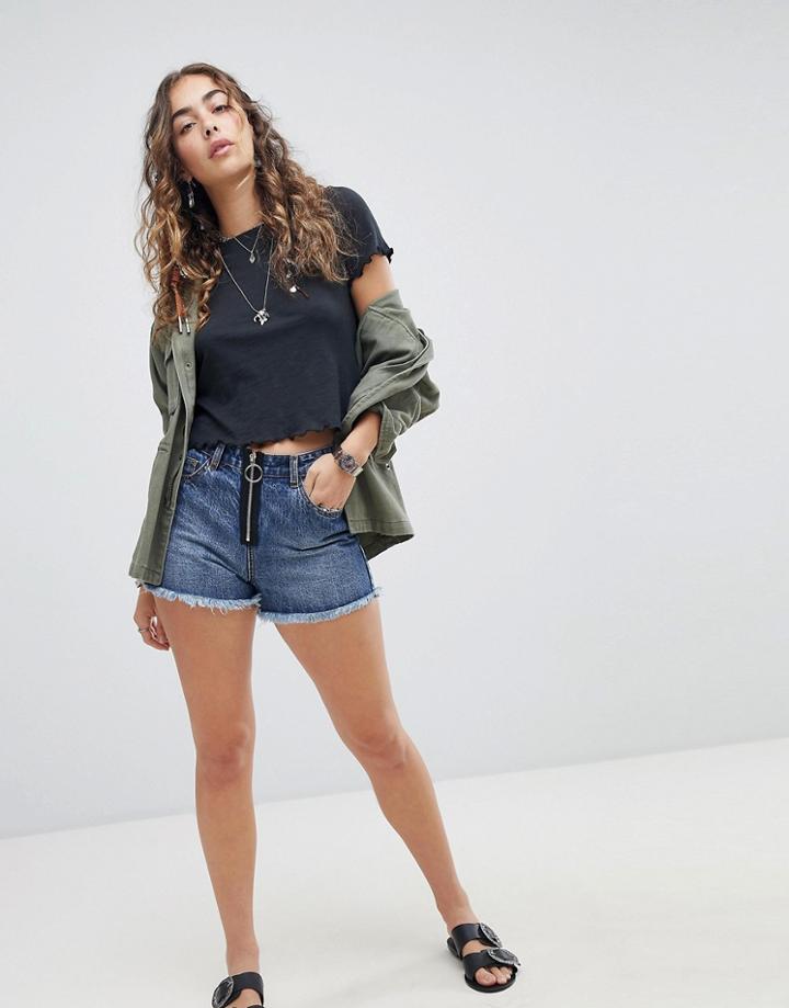 Kiss The Sky Denim Shorts With Exposed Zip Detail - Blue