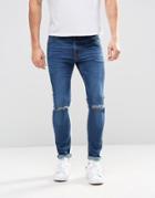 Asos Design Super Skinny Jeans With Knee Rips - Blue