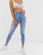 Bershka Super High Waist Jean In Mid Blue