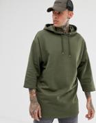 Asos Design Oversized Longline Hoodie With 3/4 Sleeves In Khaki - Green