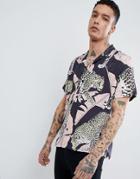 Asos Design Oversized Tiger Print Shirt With Revere Collar - Gray