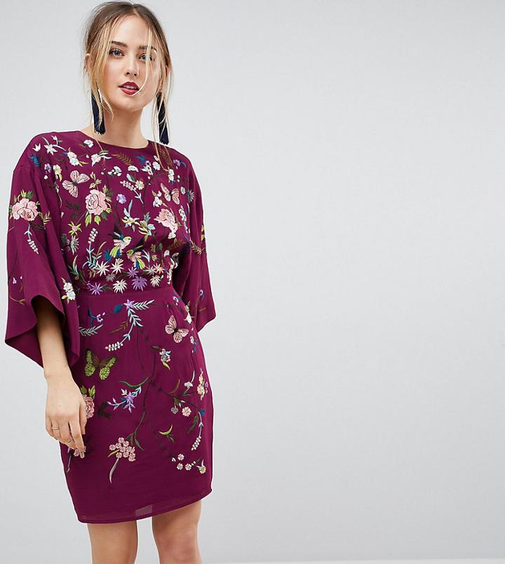 Asos Tall Kimono Mini Dress With Embroidery - Purple