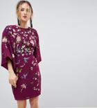 Asos Tall Kimono Mini Dress With Embroidery - Purple