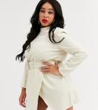 In The Style X Stephsa Plus High Neck Shimmer Mini Dress With Belt Detail In Cream