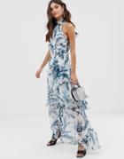 Asos Design High Neck Maxi Dress In Crinkle Chiffon Palm Print-multi