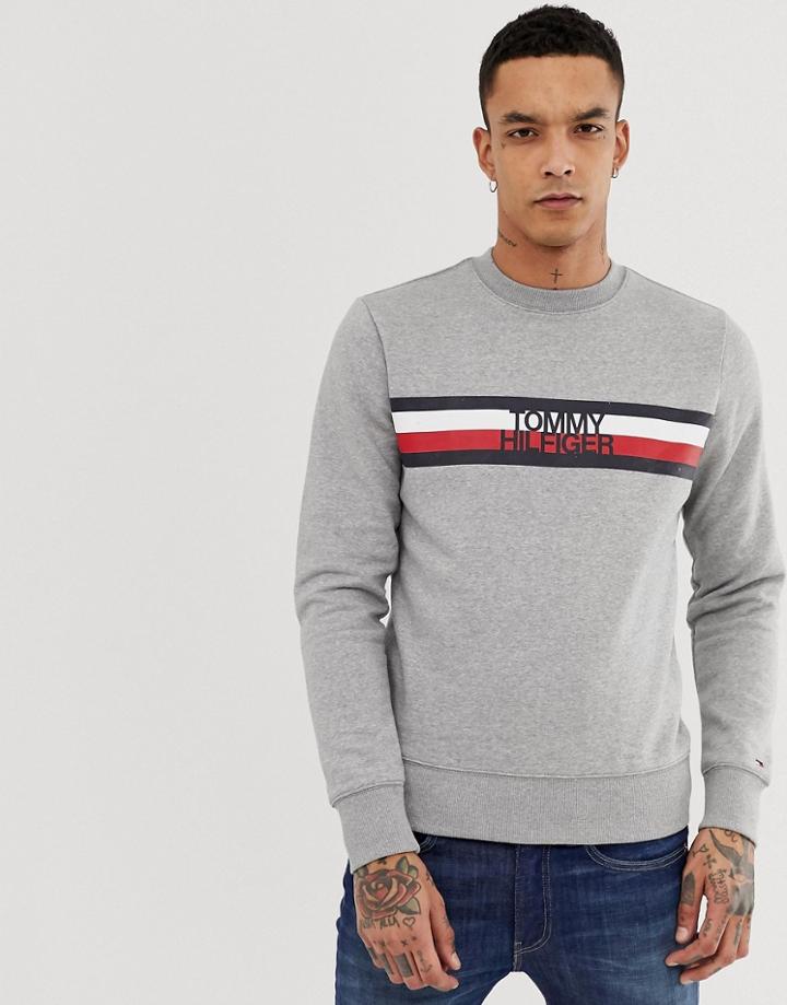 Tommy Hilfiger Chest Icon Stripe Logo Crew Neck Sweatshirt In Gray Marl - Gray