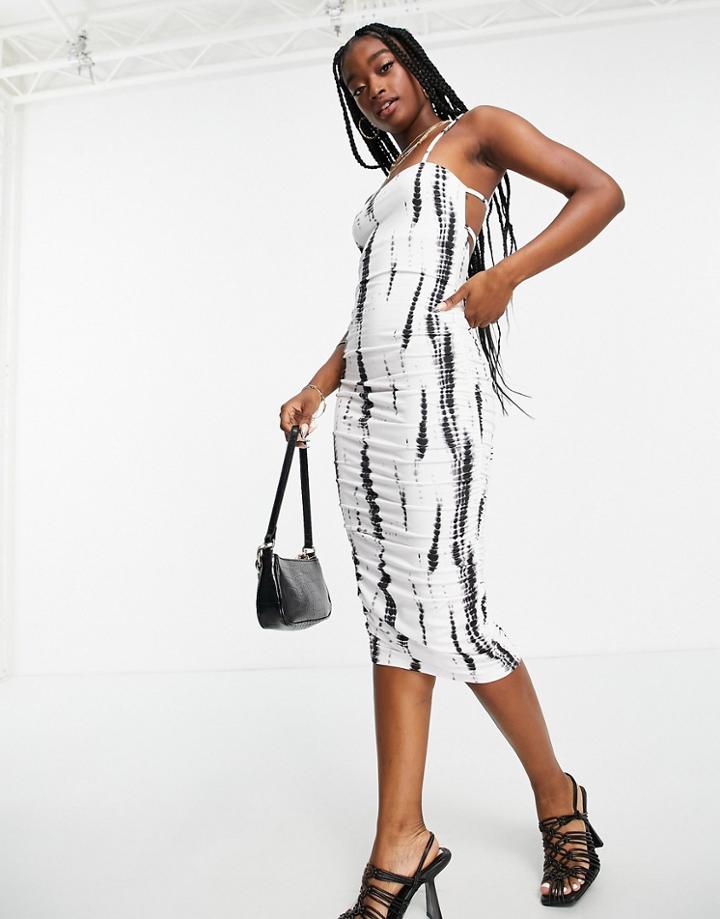 Asos Design Square Neck Ruched Double Strap Midi Dress In Mono Print-multi