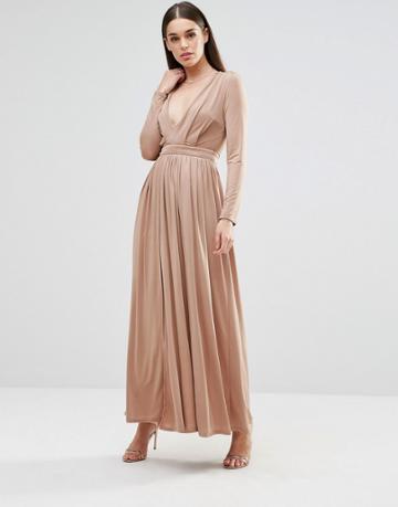 Sistaglam Long Sleeve Slinky Maxi Dress With Front Split - Beige
