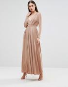 Sistaglam Long Sleeve Slinky Maxi Dress With Front Split - Beige