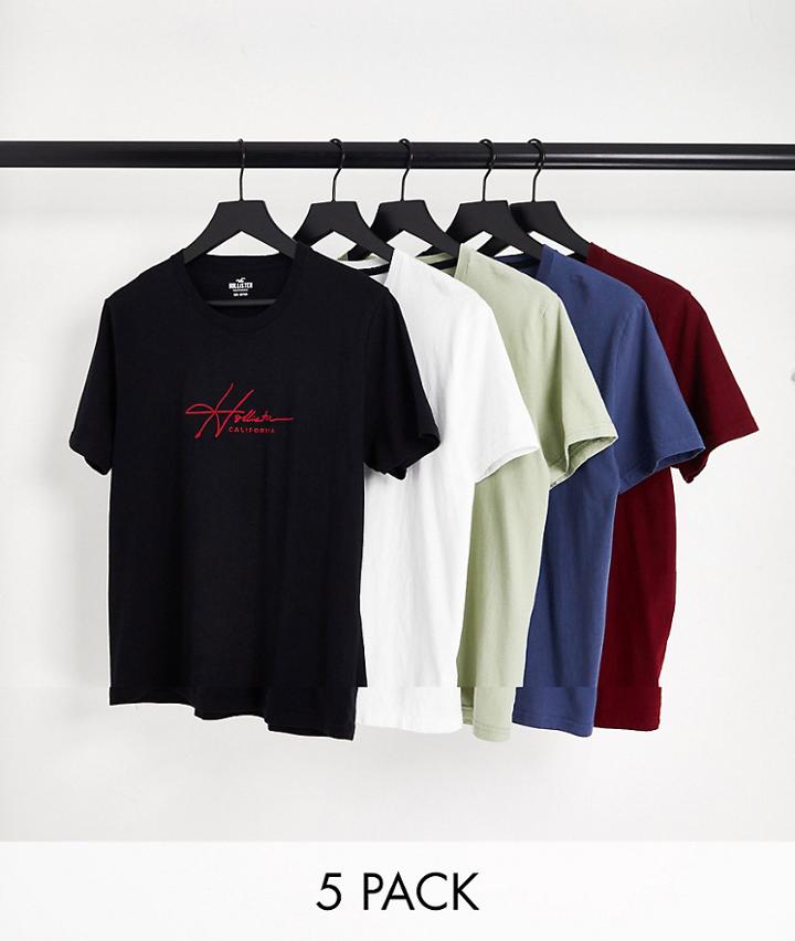 Hollister 5 Pack Central Script Logo T-shirt In White/red/black/blue/green-multi
