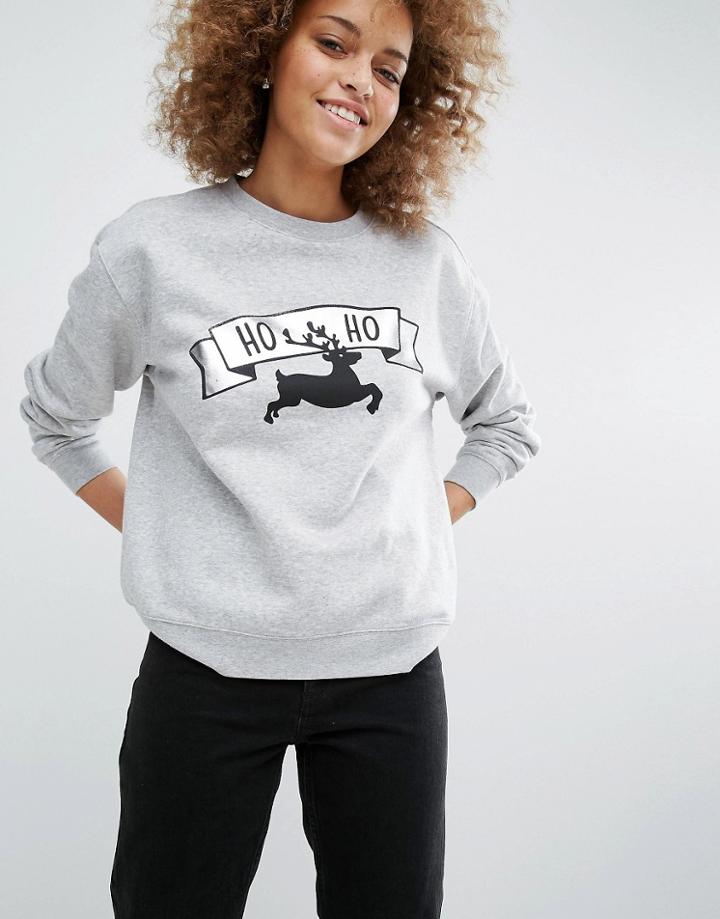 Monki Ho Ho Reindeer Holidays Sweatshirt - Gray