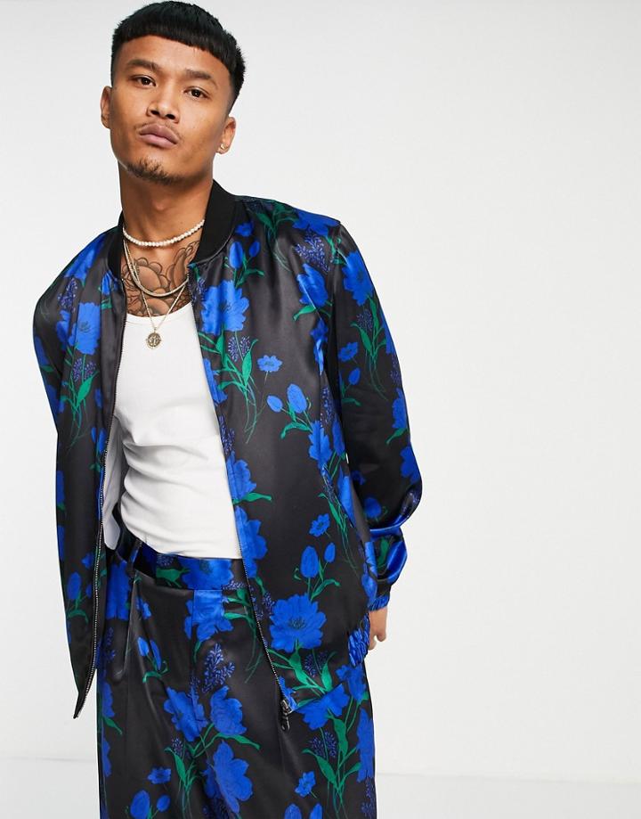Asos Design Smart Bomber Jacket In Floral Print - Part Of A Set-black