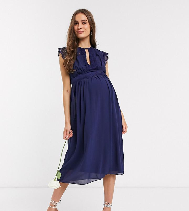 Tfnc Maternity Bridesmaid Lace Detail Midi Bridesmaid Dress In Navy-blues