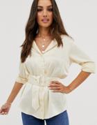 Asos Design Relaxed Satin Long Sleeve Shirt With Belt Detail-cream