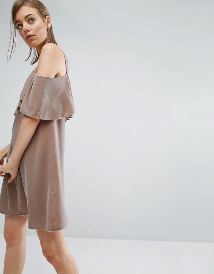 Asos Double Layer Velvet Mini Dress With Cold Shoulder Detail - Brown
