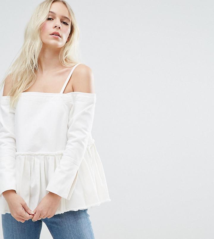 Asos Petite Denim Cold Shoulder Top With Pleated Peplum And Cuff Detail - White